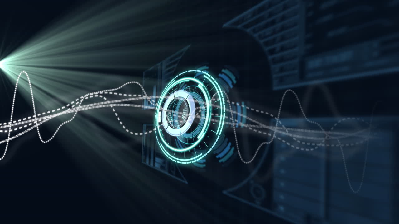 Animation of line graphs moving over illuminated circles on abstract pattern with lens flares