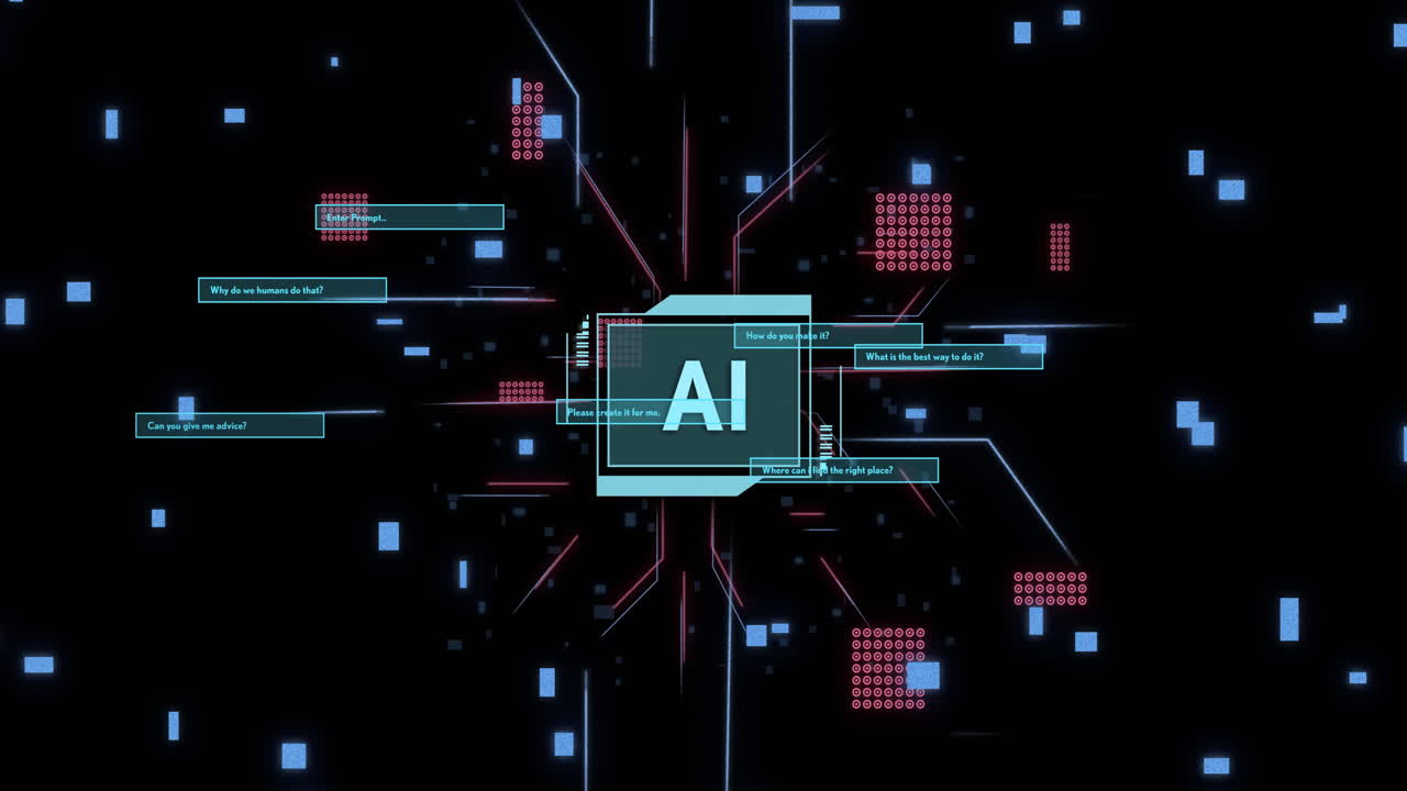 Animation of ai text and digital data processing over black background