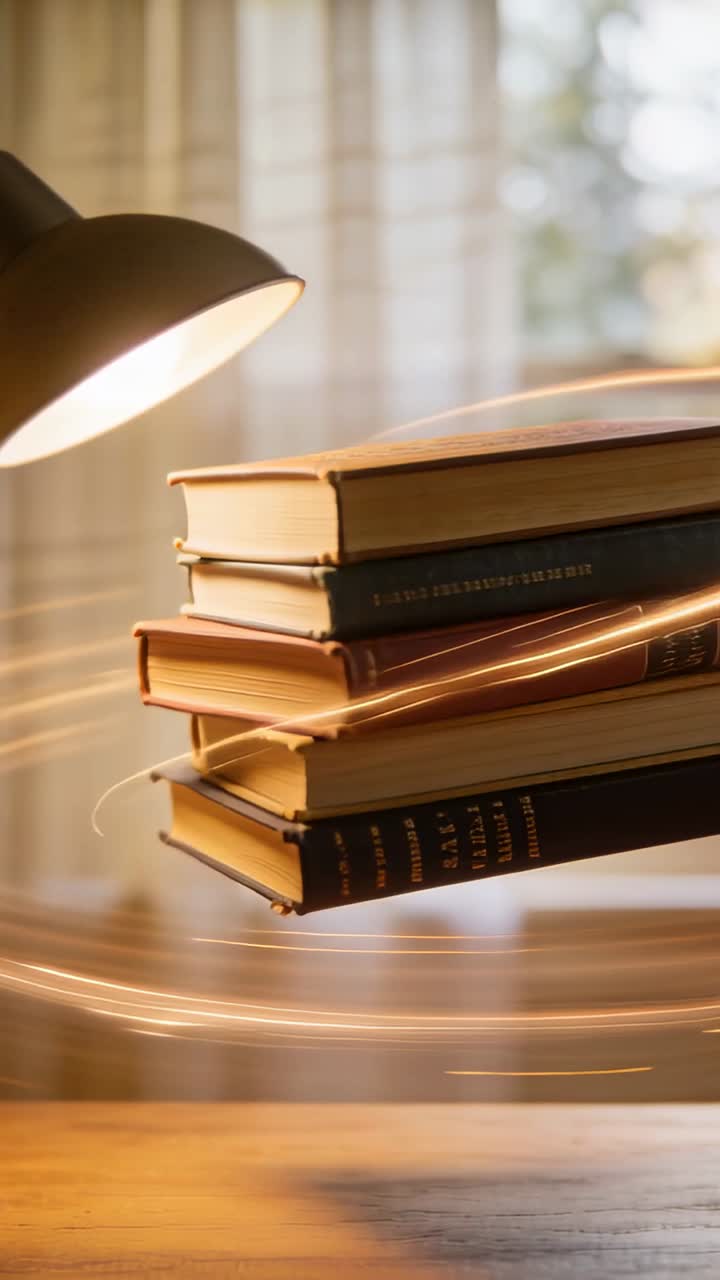 Vertical video: Floating stack of books rotating on wooden desk by window, reacting to lamp trails