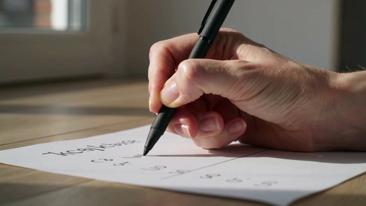 Writing hand moving pen, tip landing on paper on tabletop near window, making marks, copy space