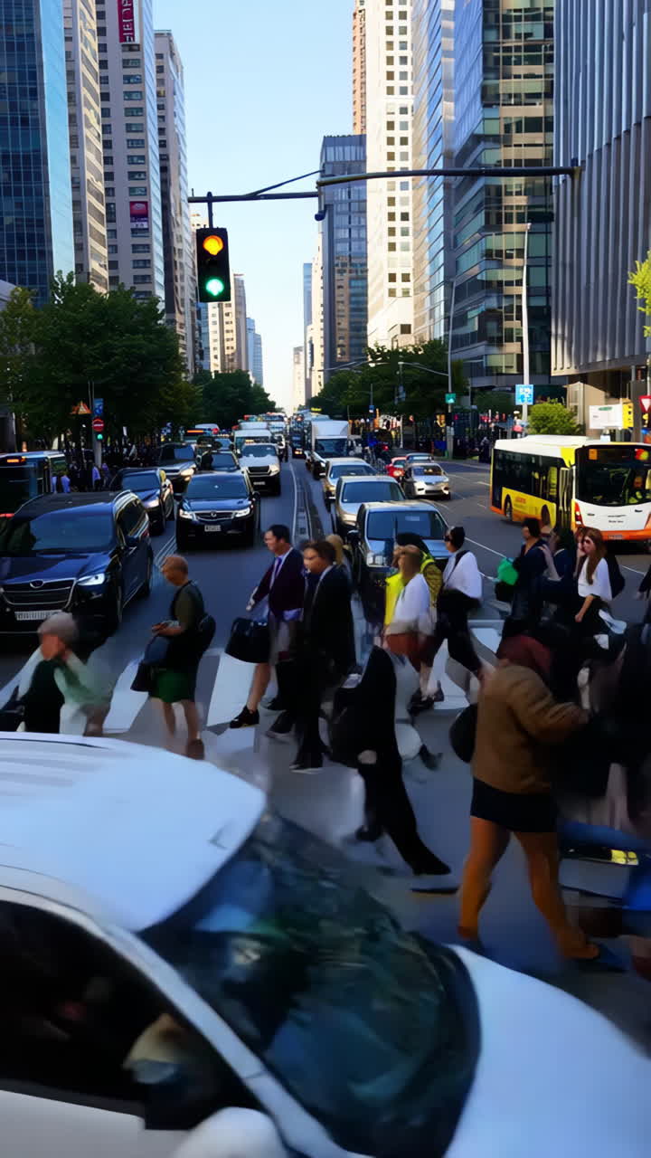 Busy City Street with Pedestrians and Traffic During the Day