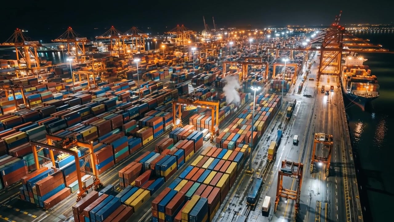 Terminal container illuminato in un trafficato porto industriale di notte che mostra file di container impilati.