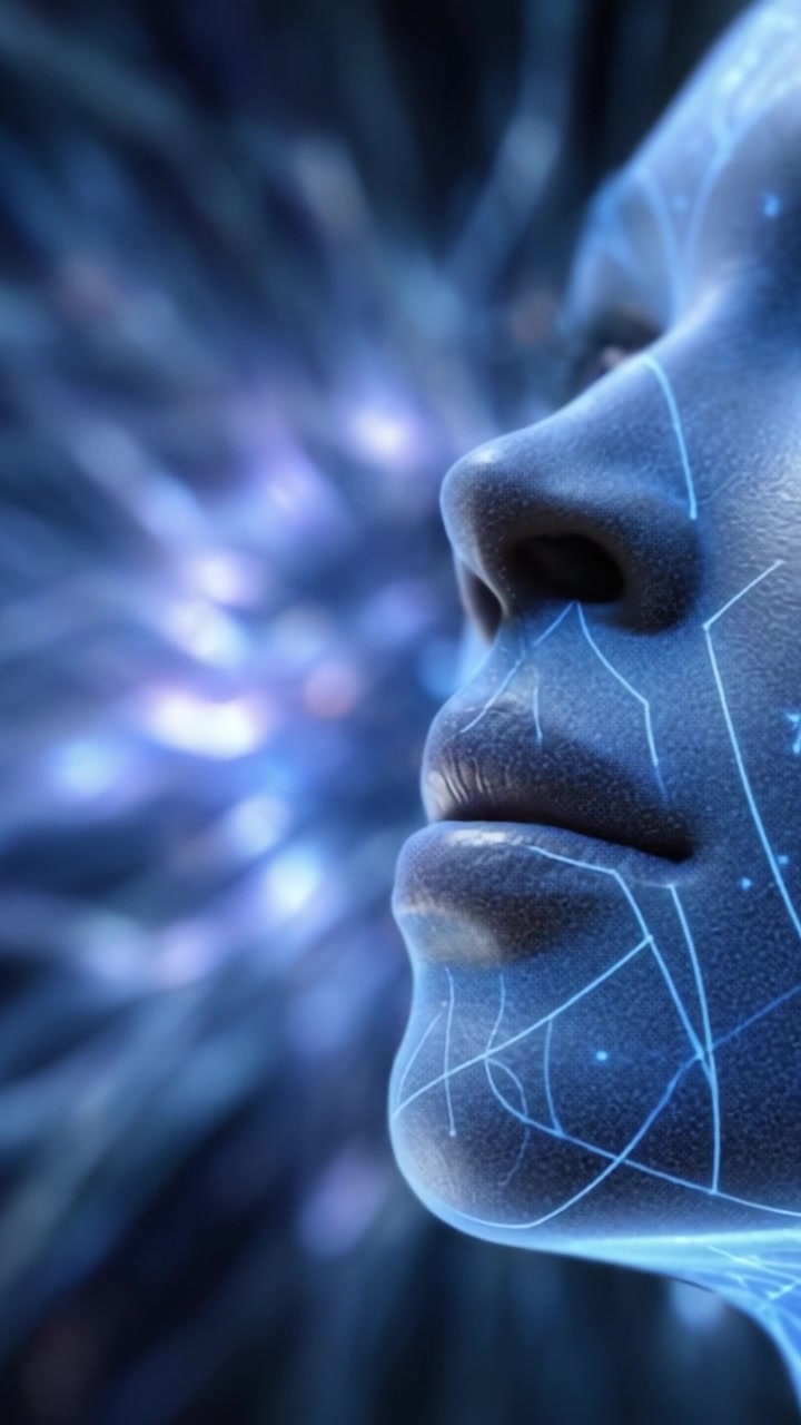 Un'Esplorazione della Trasformazione Digitale in un Volto dall'Aspetto Umano su uno Sfondo Geometrico Futuristico con Impulsi di Luci e Visualizzazioni di Energia.