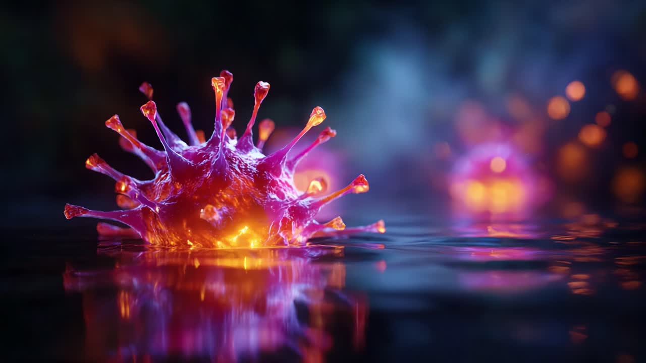 Vibrant Close-Up of a Microscopic Virus Representation with Pulsating Light Effects Beneath the Surface of Water, Highlighting Its Intricate Structure and Beauty