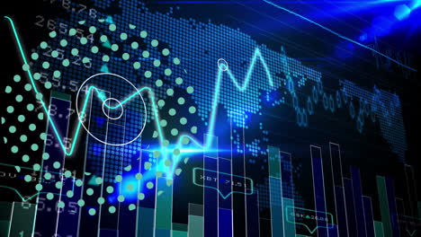 procesamiento de datos estadísticos sobre el mapa del mundo contra un punto de luz en fondo azul