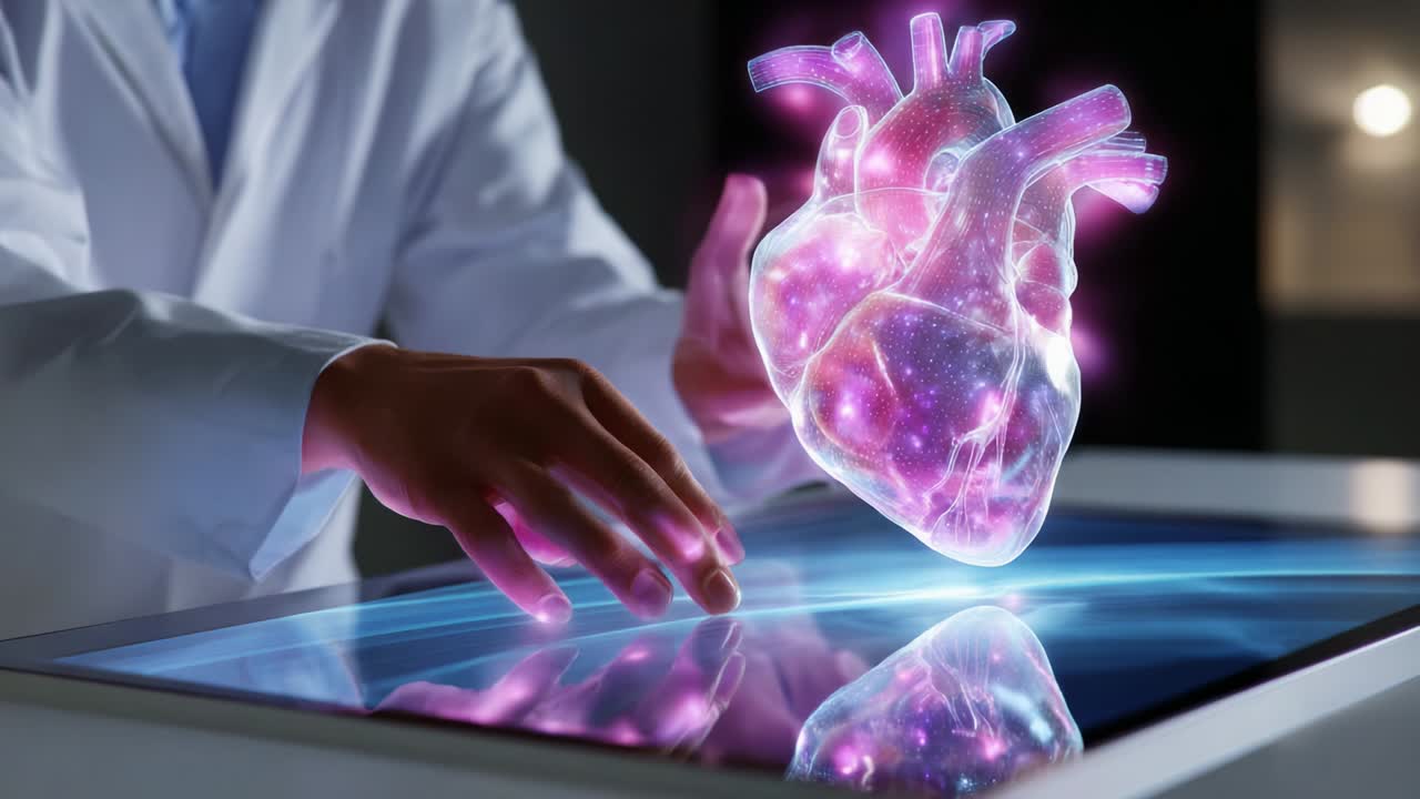 A Medical Professional Interacts with a Holographic Heart Model, Showcasing Advanced Technology in Healthcare, Merging Science and Innovation to Enhance Understanding of Cardiac Anatomy