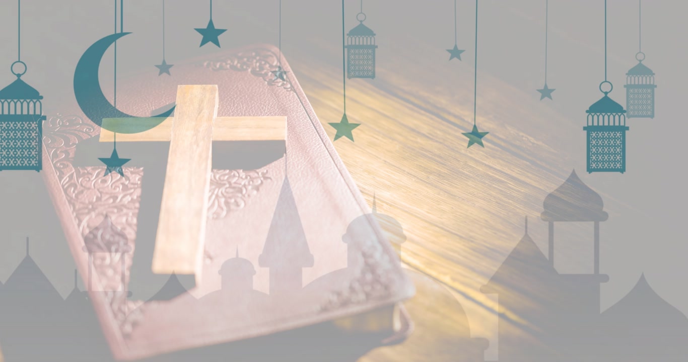Book bearing cross on table, overlays rising showing crescent stars lanterns for faith branding