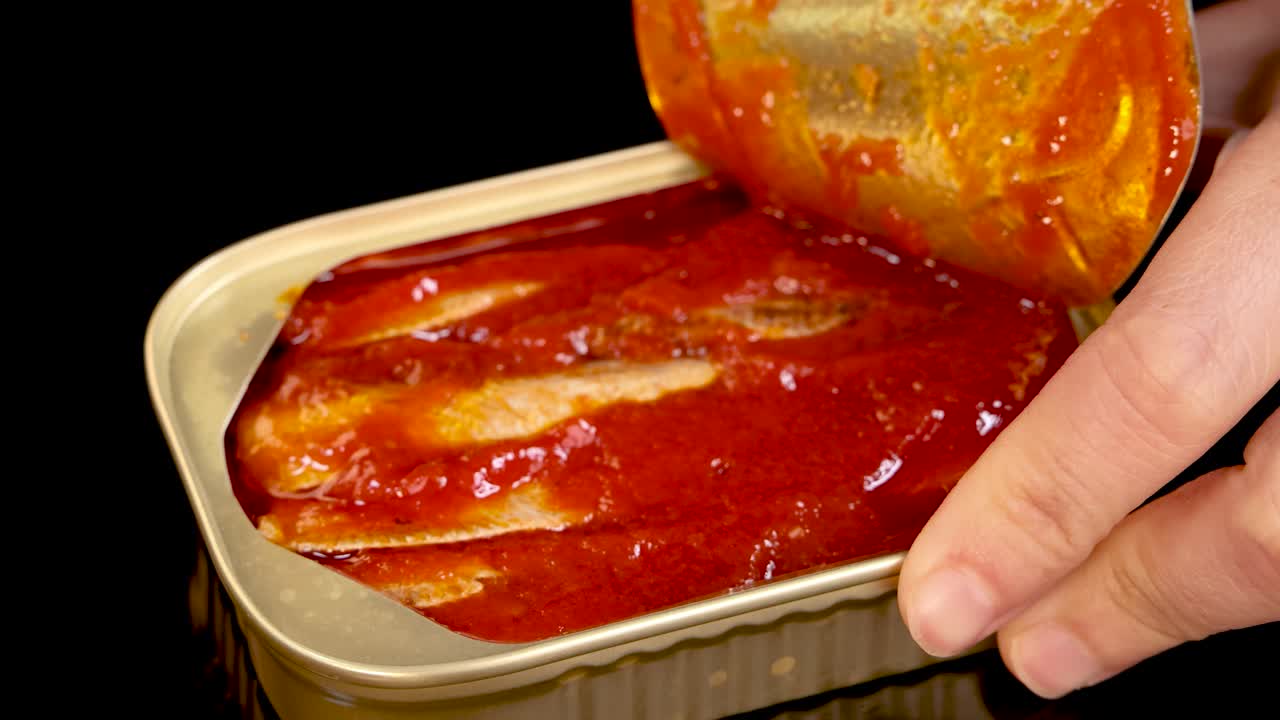 A hand peels back the lid of a sardine can filled with tomato sauce under bright, even lighting. Macro perspective, minimal background distraction
