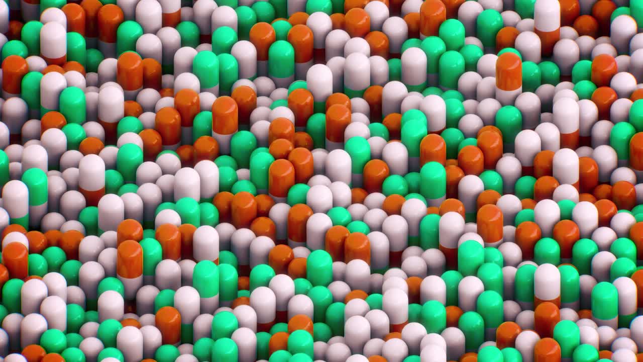 이소메트릭 3d 초록색과 오렌지색의 알약이 위에서 오른쪽에서 아래로 왼쪽으로 회전합니다.