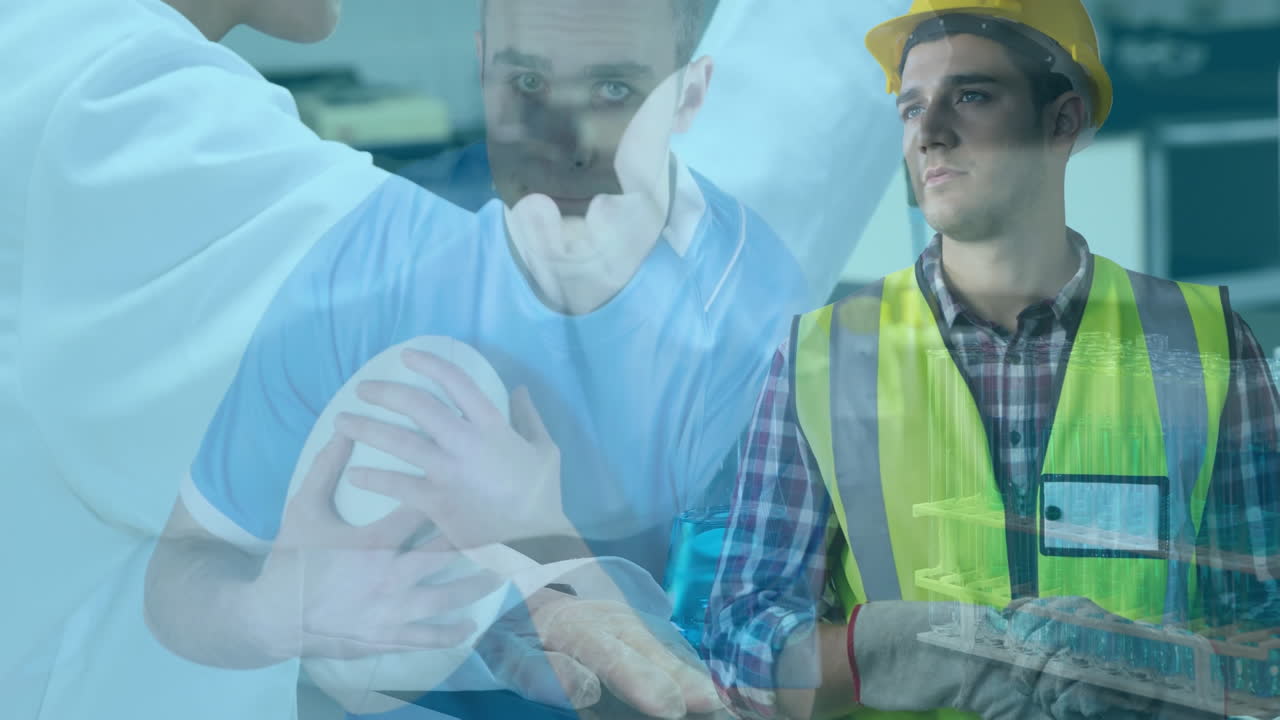 анимация кавказского регбиста и рабочего над кавказским ученым с пипеткой