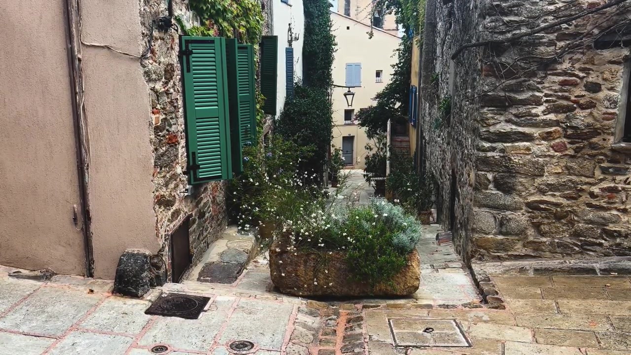 Una jardinera grande llena de flores blancas decora un estrecho callejón empedrado flanqueado por muros rústicos y persianas verdes en un pueblo mediterráneo