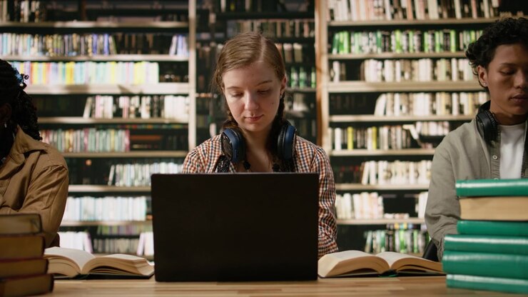 Nærbillede af hænder, der taster på en bærbar computer ved siden af en åben bog på et biblioteksbord