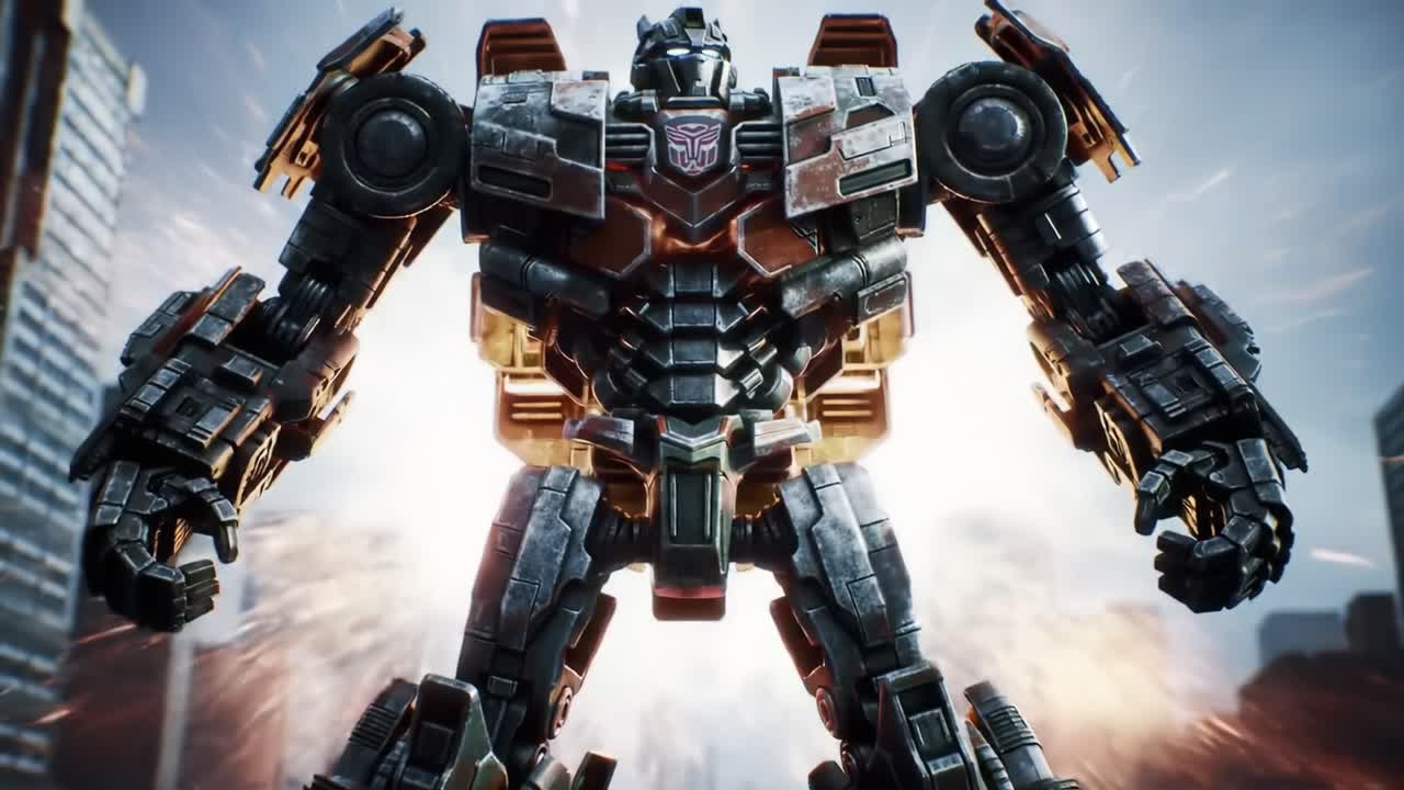 A massive robot towers over a bustling city, surrounded by sleek skyscrapers and modern architecture. The scene conveys a blend of technology and innovation in an urban environment.