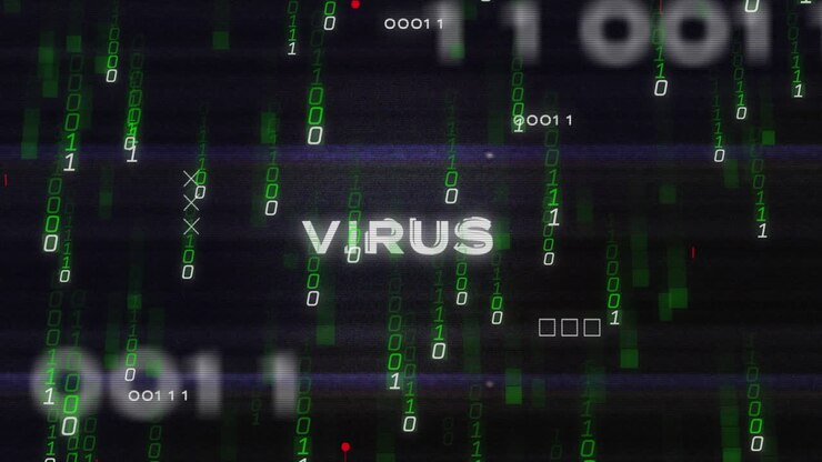 Animation of virus text in circuit board pattern over falling binary codes against black background