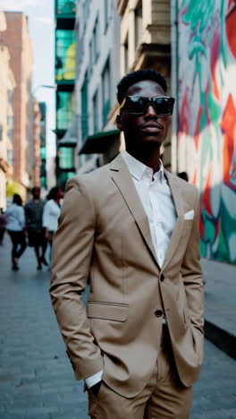 stylish man in a suit and sunglasses posing in an urban alley with graffiti
