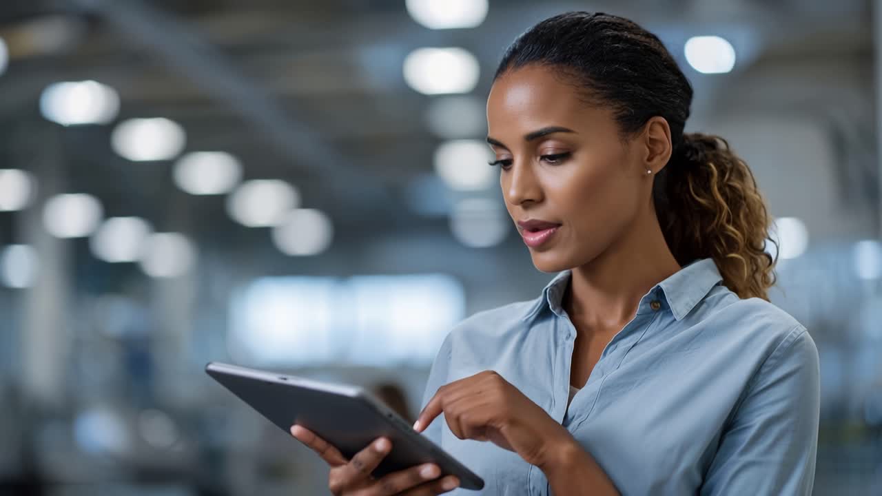 Woman focused on tablet in industrial setting. She stands calmly, eyes on screen. Background shows blurred machinery and lights. Professional atmosphere with modern tools