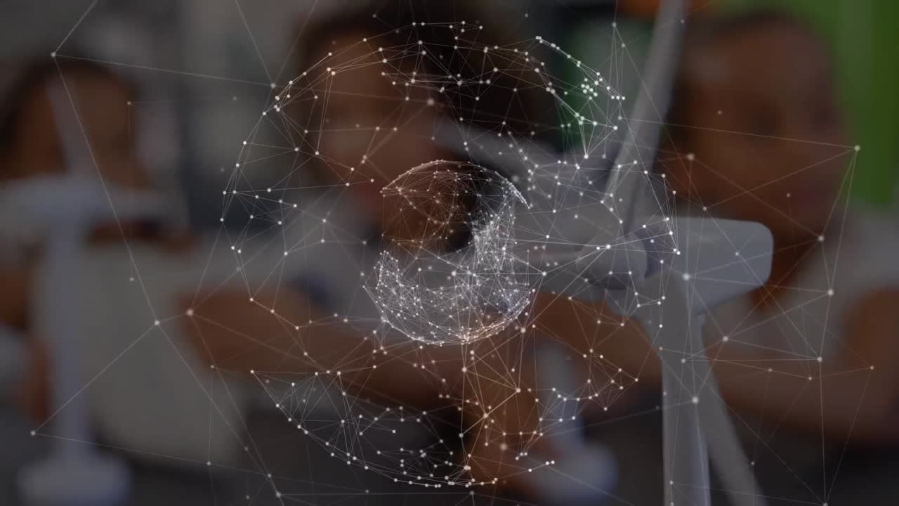 Animation of network of connections and wind turbines over diverse schoolchildren