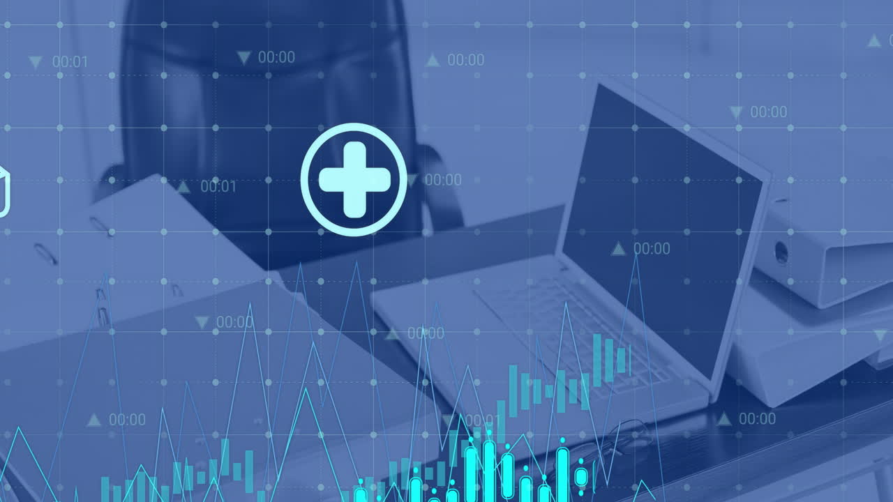 animación del procesamiento de datos financieros a través de una computadora en un escritorio en una oficina vacía