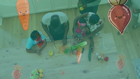 animación de verduras cayendo sobre una familia afroamericana cocinando juntos en la cocina