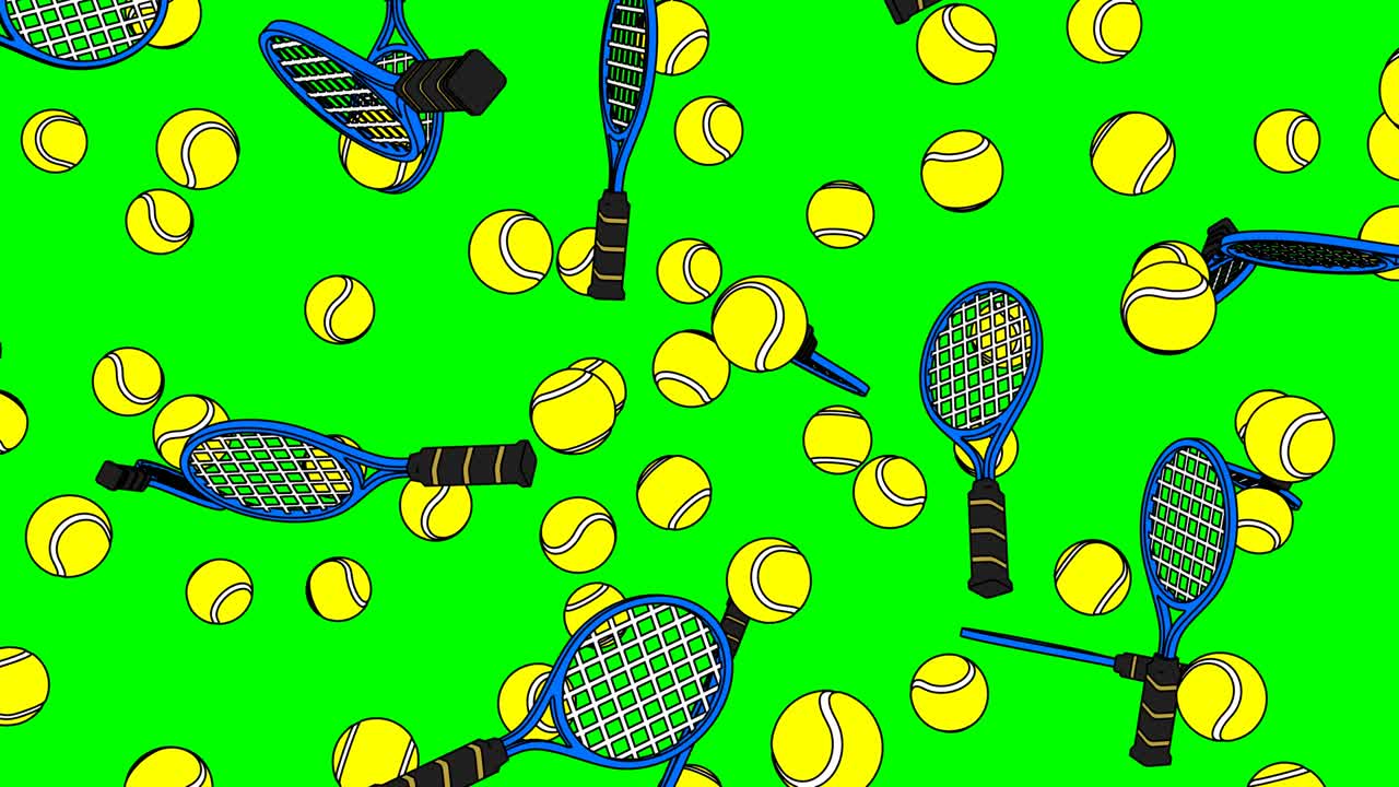 초록색 크로마 키 배경에 톤 스타일의 테니스 공과 파란색 테니스 라켓.