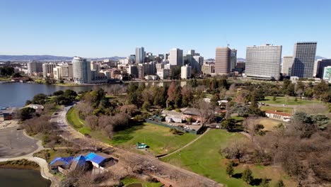 oakland california aerial push in to the skyline