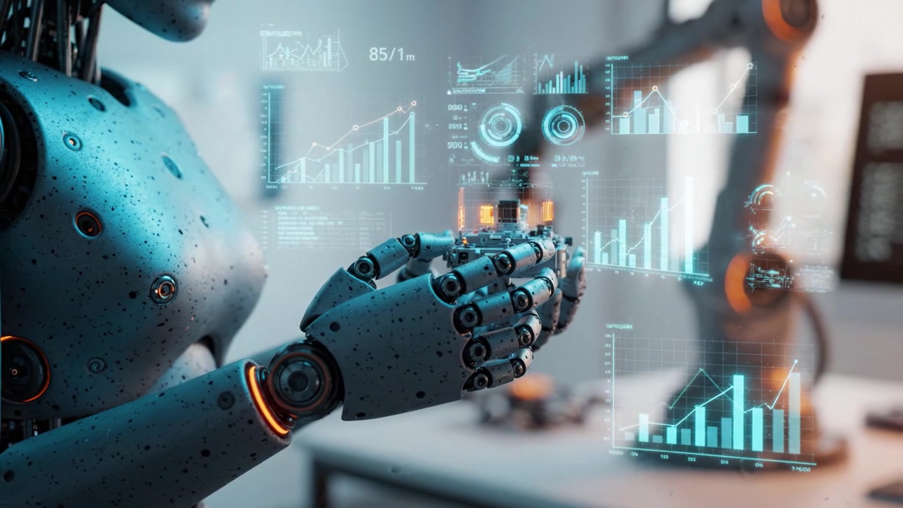 Futuristic Robotic Hands Analyzing Data Visualizations with Advanced Technology in a Modern Workspace Setting
