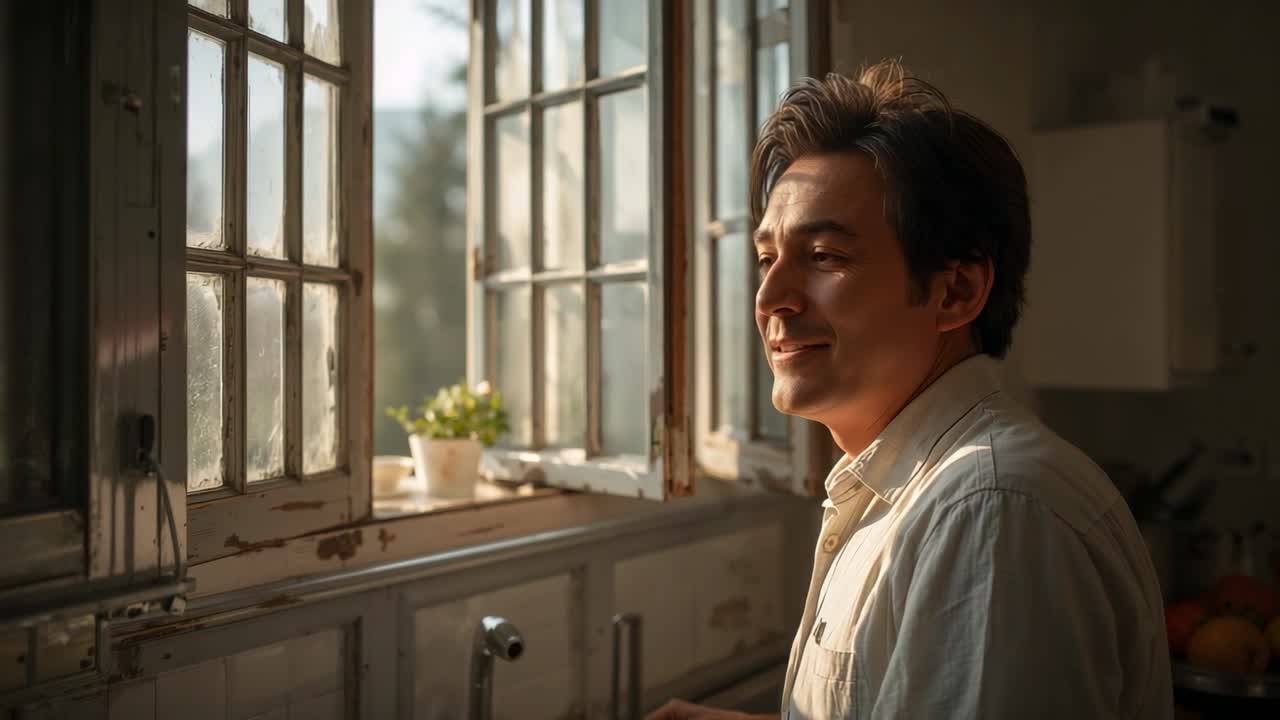 Turning to sunlight, man in light shirt leaning at sink by paned window, copy space