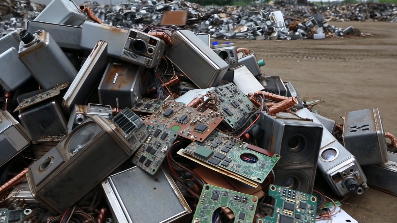 Pile Electronic Waste Circuit Boards Copper Wires, Salvaged Casings And Tangled Copper, Recycling Technician