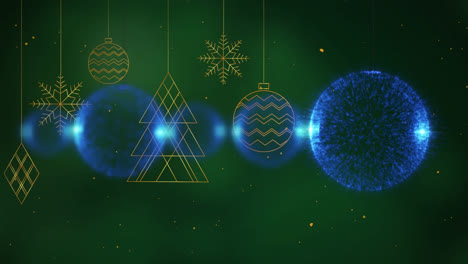 Animation-of-christmas-decorations-over-green-background