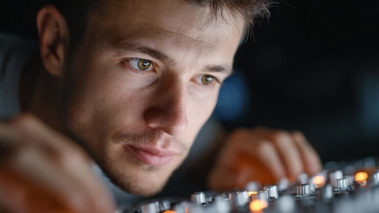 Focused Sound Engineer Adjusting Audio Levels on a Mixing Console in a Dimly Lit Studio Environment, Capturing the Essence of Music Production and Creativity