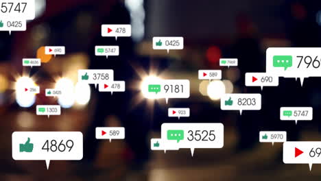 animation of icons and data processing over out of focus city