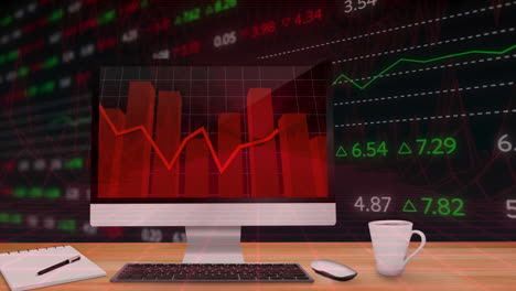 animation of computer screen on desk over financial data processing on black background