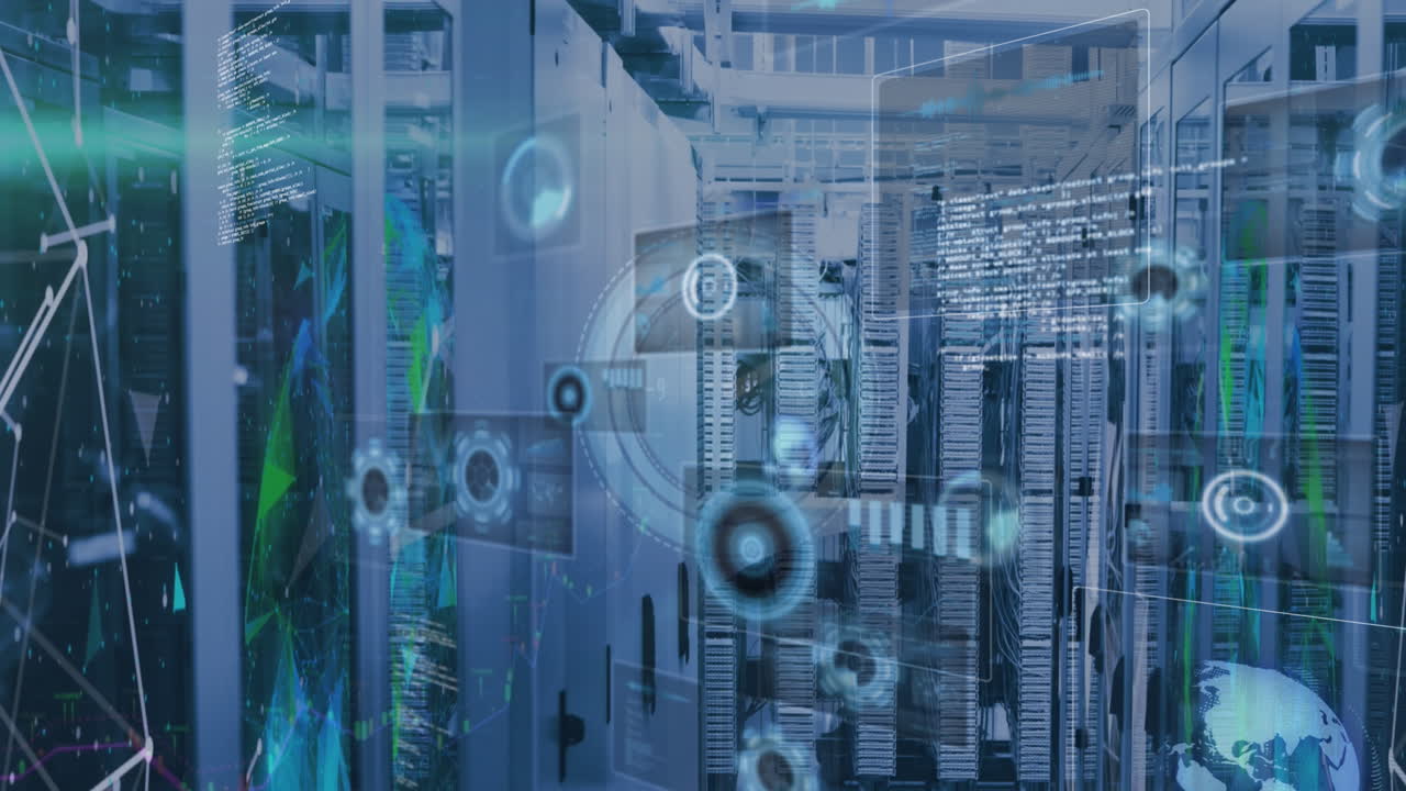 Animation of digital clock, globes, radar and computer language over server racks