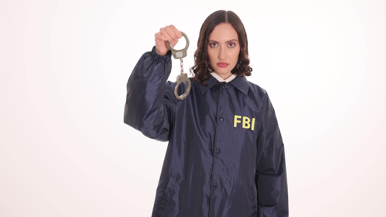 Agentka FBI trzyma kajdanki, ostrzegając przed karą za przestępstwo.