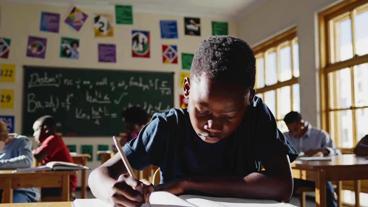 A student writes in a classroom, captured in a mid-angle shot