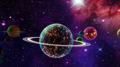 luminous ringed planet radiating cosmic energy. surrounded by vibrant. orbiting planets against expansive deep space nebulae background. revealing astronomical beauty and mysterious stellar landscape