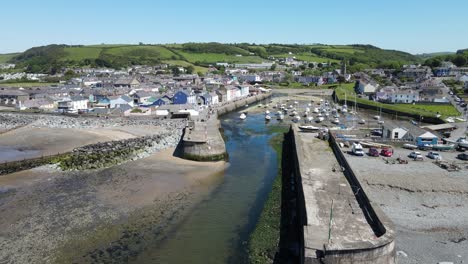 aberaeron wales seaside town and harbour with tide out aerial footage 4k