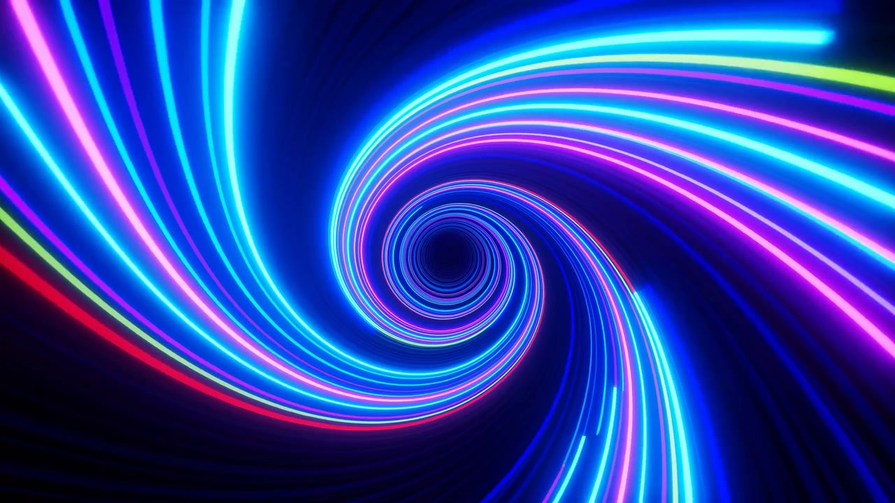 Abstract neon scene with concentric cyan and magenta light bands forming spiral tunnel, vivid glow, dark central void, smooth curves, strong contrast, modern futuristic backdrop with deep perspective