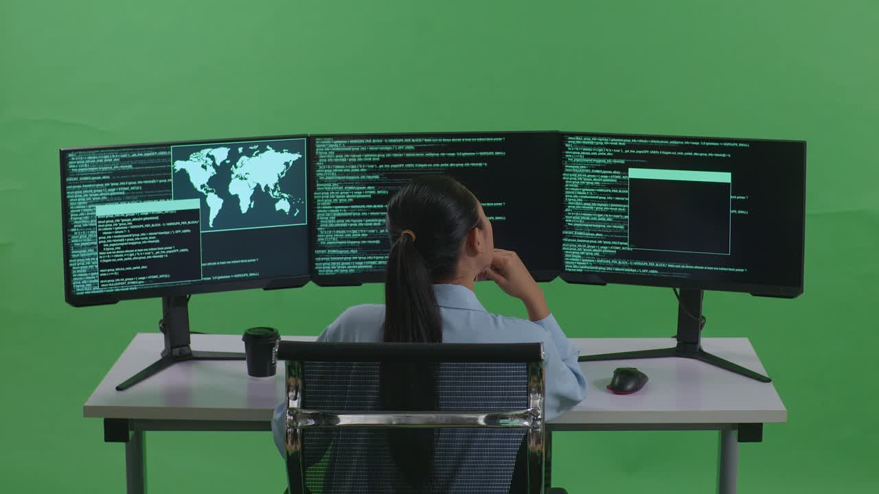 Back View Of Asian Woman Developer Thinking About Something Then Raising Her Index Finger While Write Code With Multiple Computer Screens In Green Screen Studio