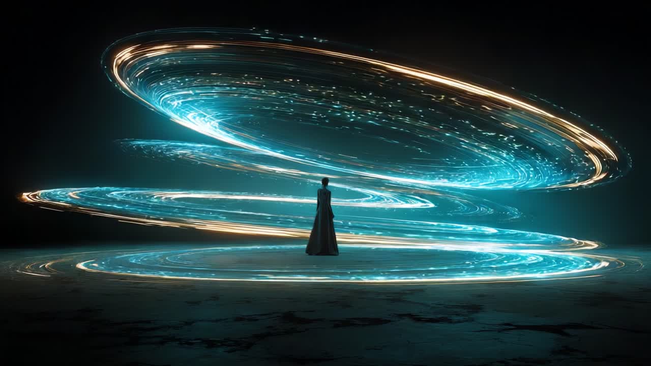 An ethereal figure stands amidst swirling cosmic rings of vibrant light, embodying a blend of mystery and elegance in a captivating interplay of color and motion, invoking a sense of wonder