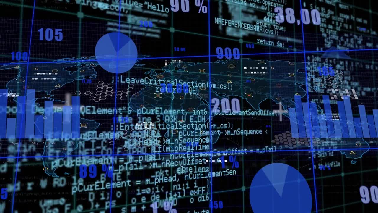 검은색 배경의 세계 지도에 대한 그리드 네트워크를 통해 데이터 처리의 애니메이션