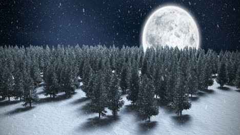 animation of snow falling over winter night landscape with fir trees
