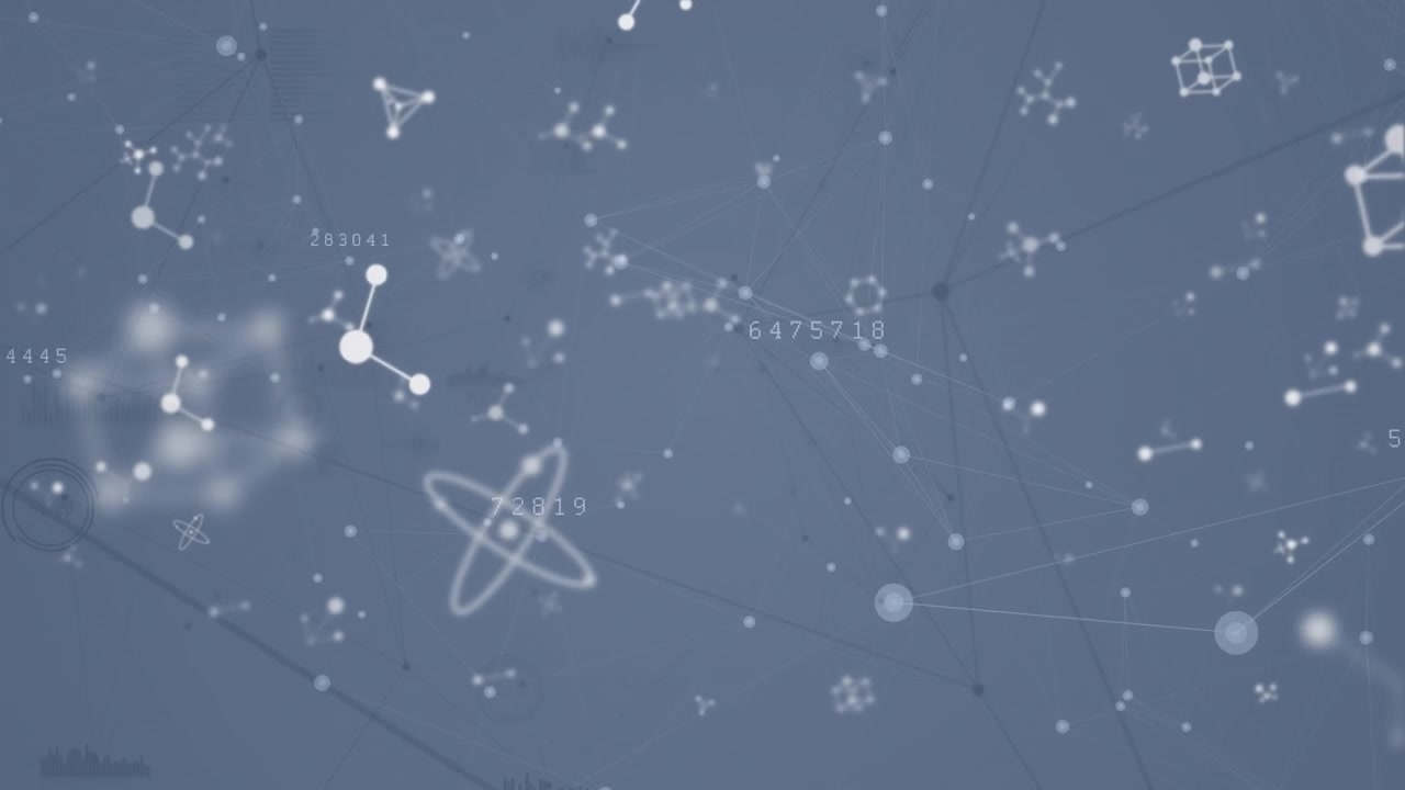 Digital animation of molecular structures over network of connections against grey background