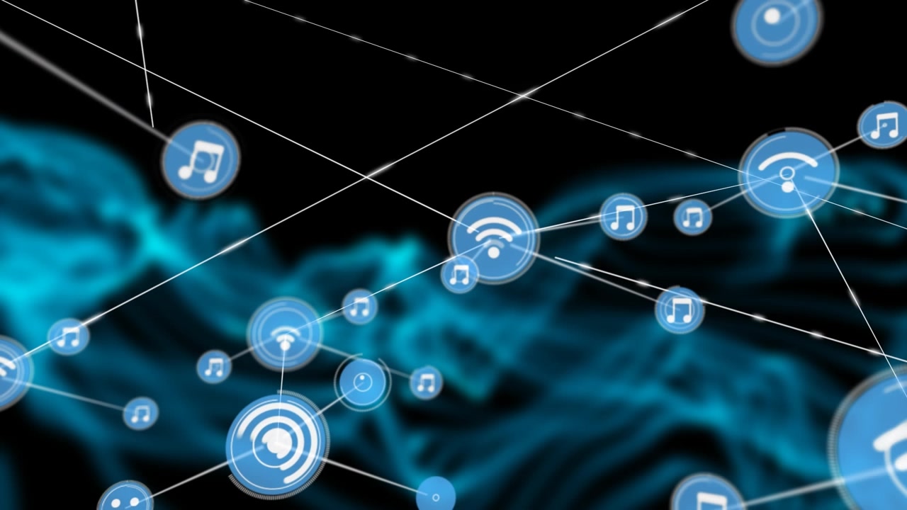Animation af netværk af forbindelser med Wi-Fi-ikoner over sort og blå baggrund.