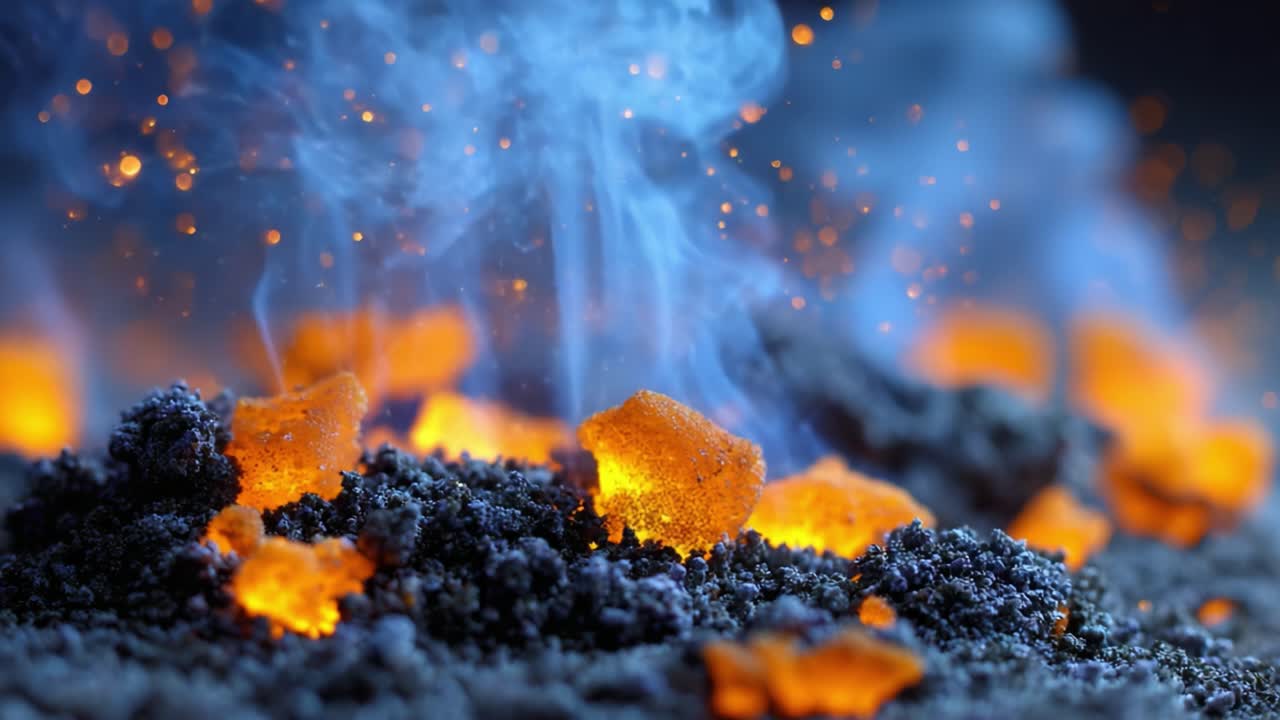 Ethereal Glowing Particles and Smoke Emanating from Fiery Crystals on a Volcanic Landscape, Showcasing the Beauty of Nature's Elemental Forces