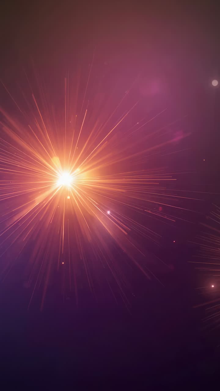 Vertical video: Pulsing orange burst left on purple field, white orb appearing right, nearing burst