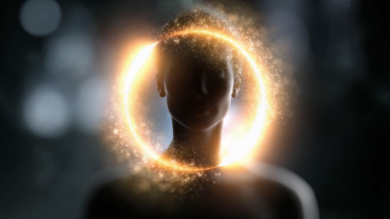 A mesmerizing visualization of a human silhouette enveloped by a radiant, swirling orb of light, symbolizing transformation and ethereal beauty in a mystical setting