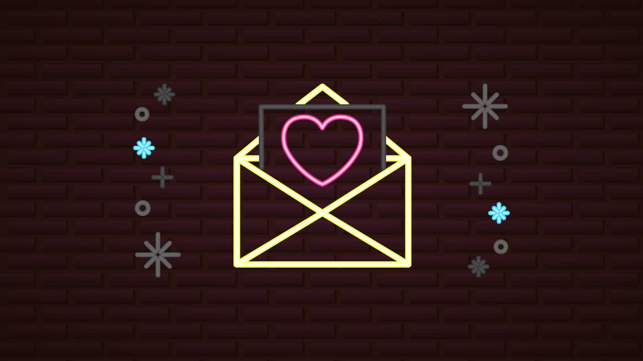 etiqueta de neón del día de san valentín animada con sobre de amor