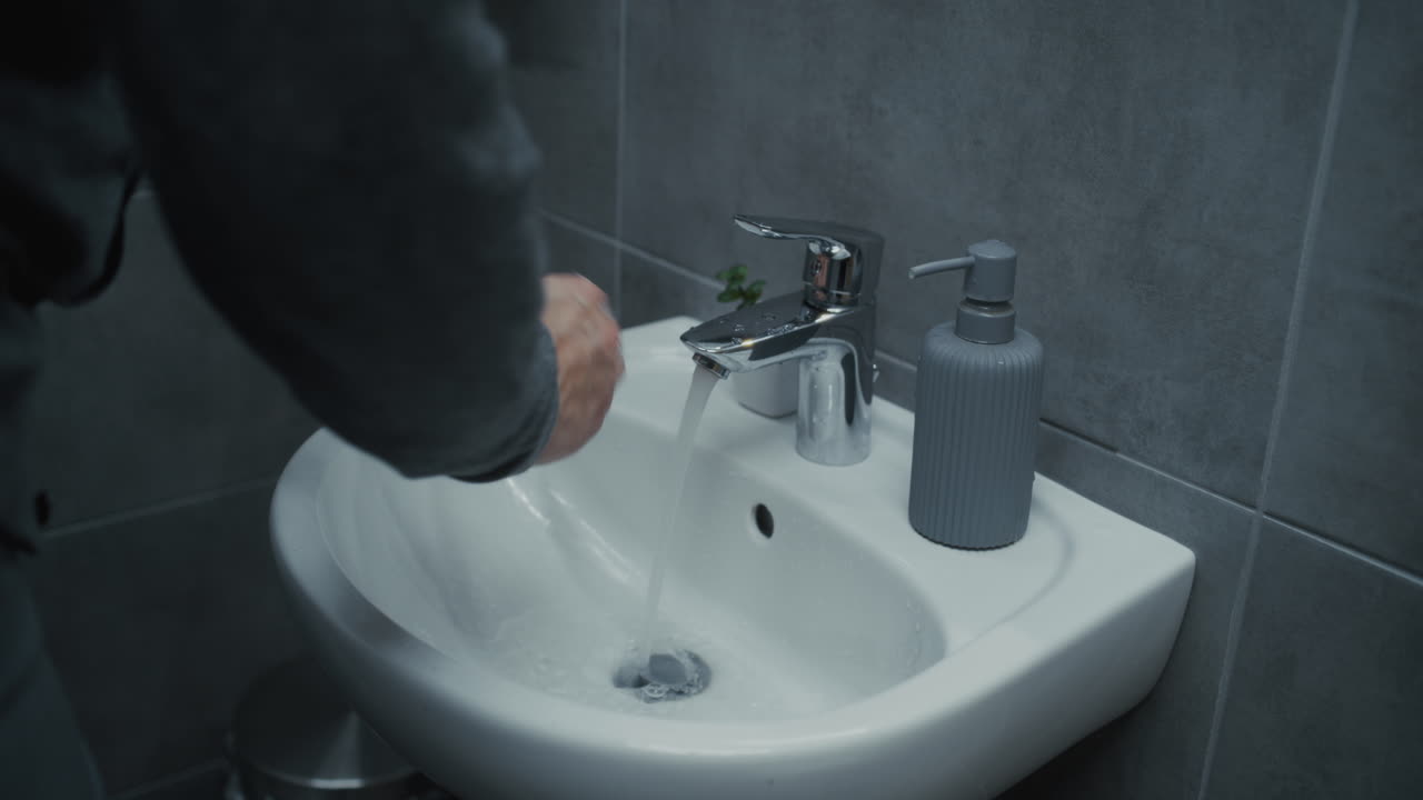 Male Office Worker Looking in the Mirror Washing His Hands Hand Hygiene After Using the Toilet