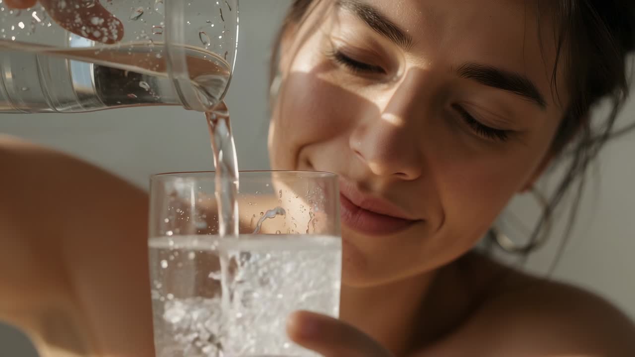 Brocca inclinata, donna in top senza spalline che versa acqua limpida per riempire un bicchiere a casa, creando bolle
